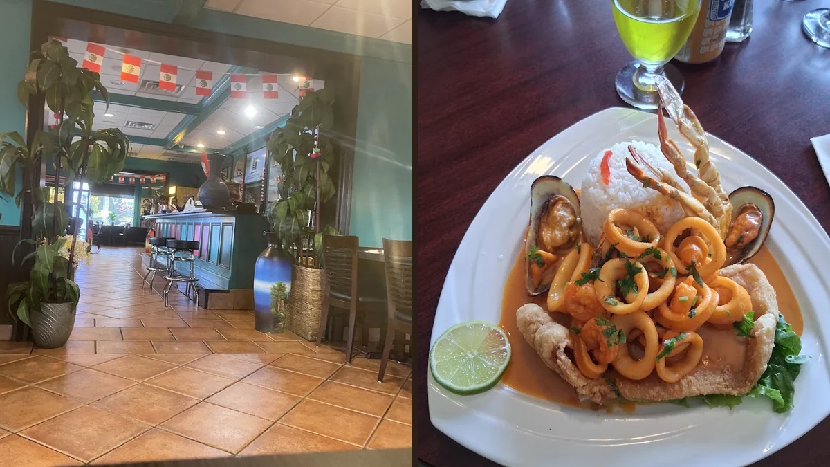 Peruvian dishes arranged on white plates.