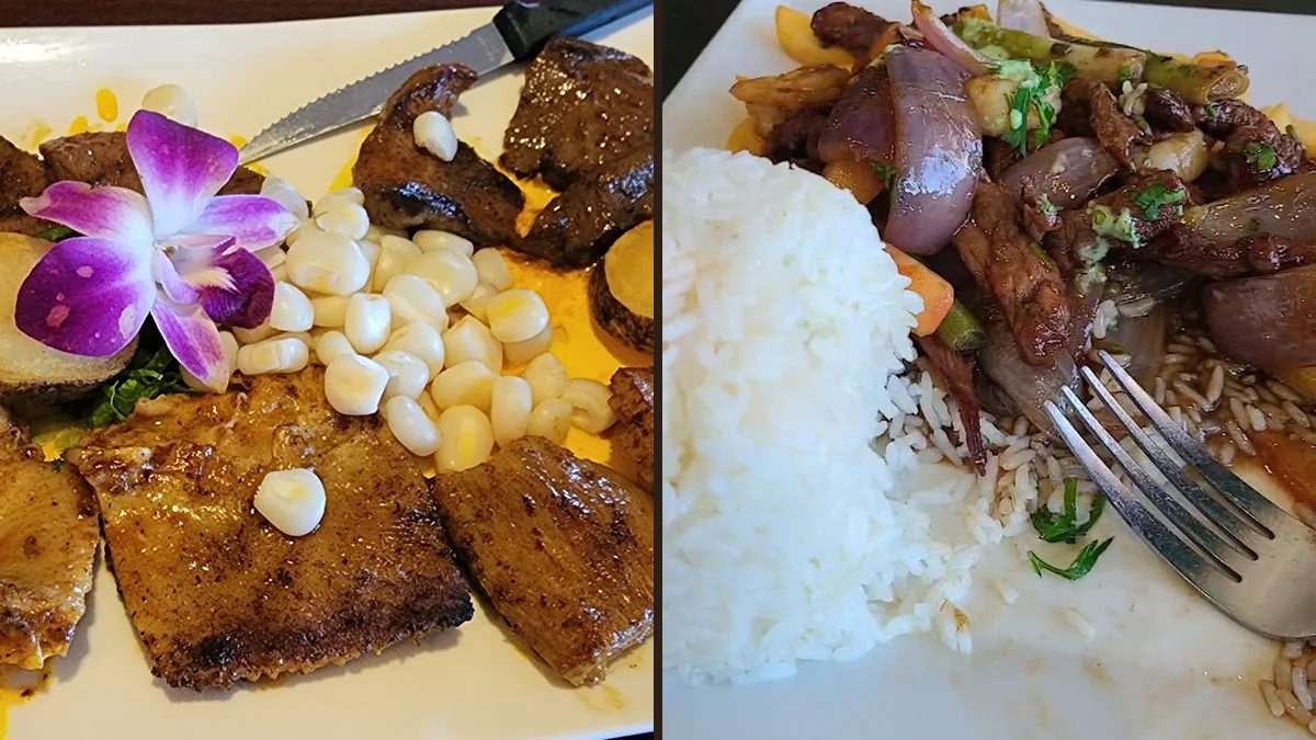 Peruvian dishes arranged on white plates.