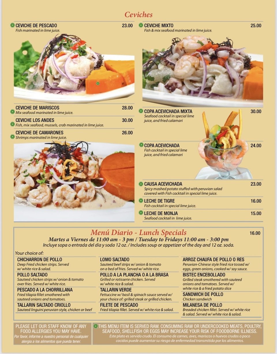 Menu page listing ceviches and sandwiches.