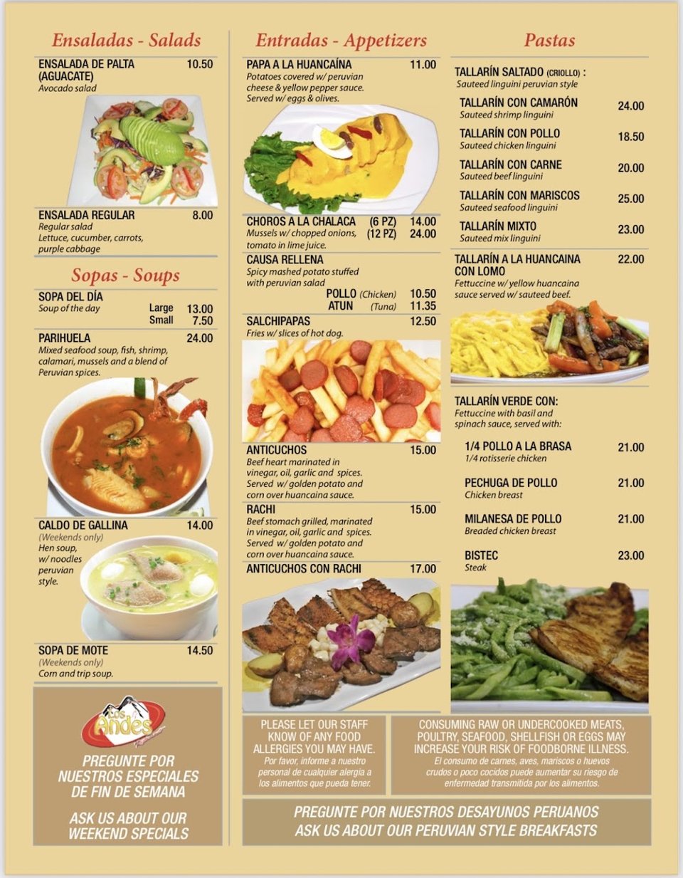 Menu board with combined dishes and pastas.